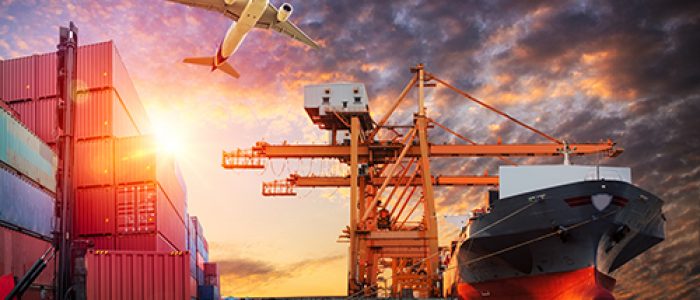 Logistics and transportation of Container Cargo ship and Cargo plane with working crane bridge in shipyard at sunrise, logistic import export and transport industry background